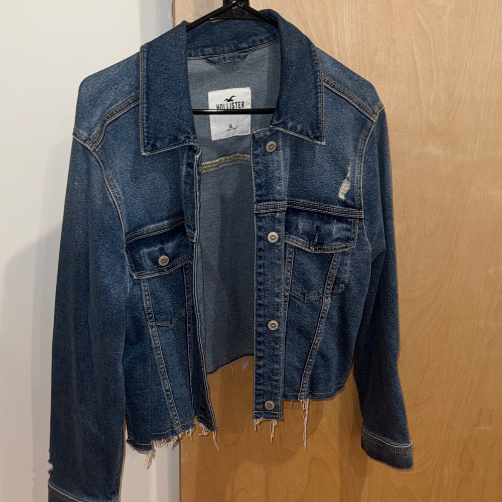 Hollister Women's Distressed Dark Blue Jean Jacket